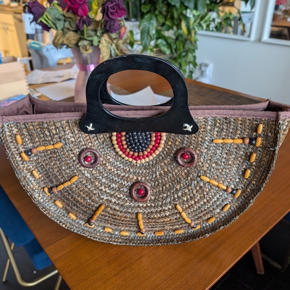 Handcrafted Woven Tote with Black Handles - Picture 1 of 7